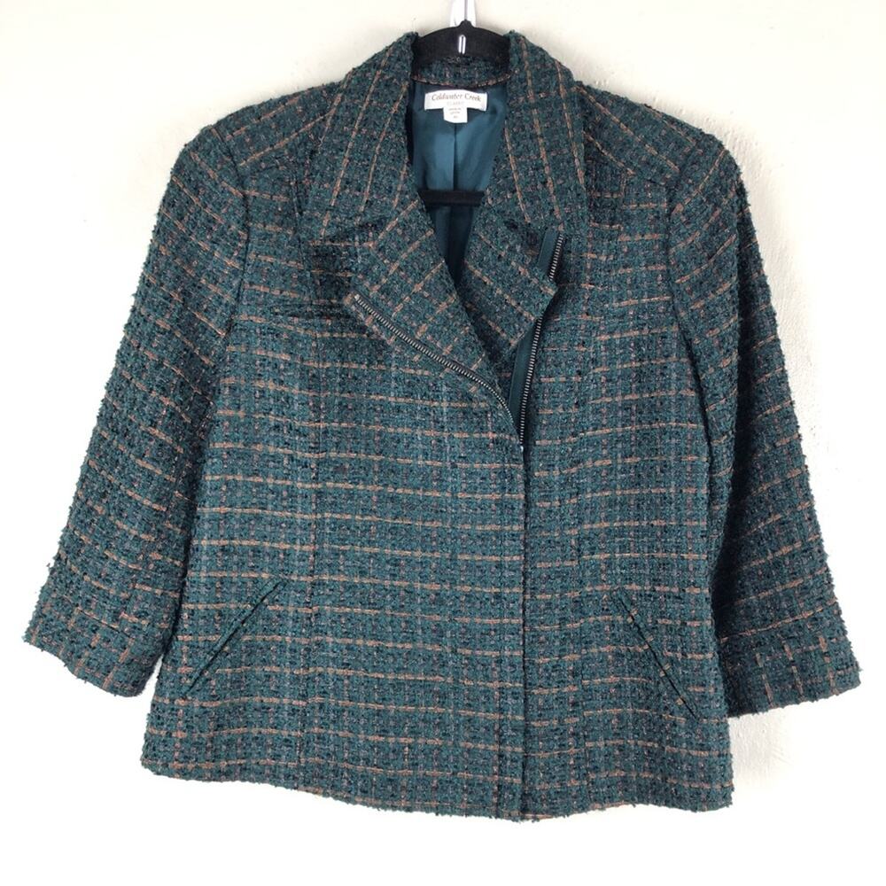 Coldwater Creek Classic Green Blue Metallic Bronze Tweed Zip Moto Jacket Blazer